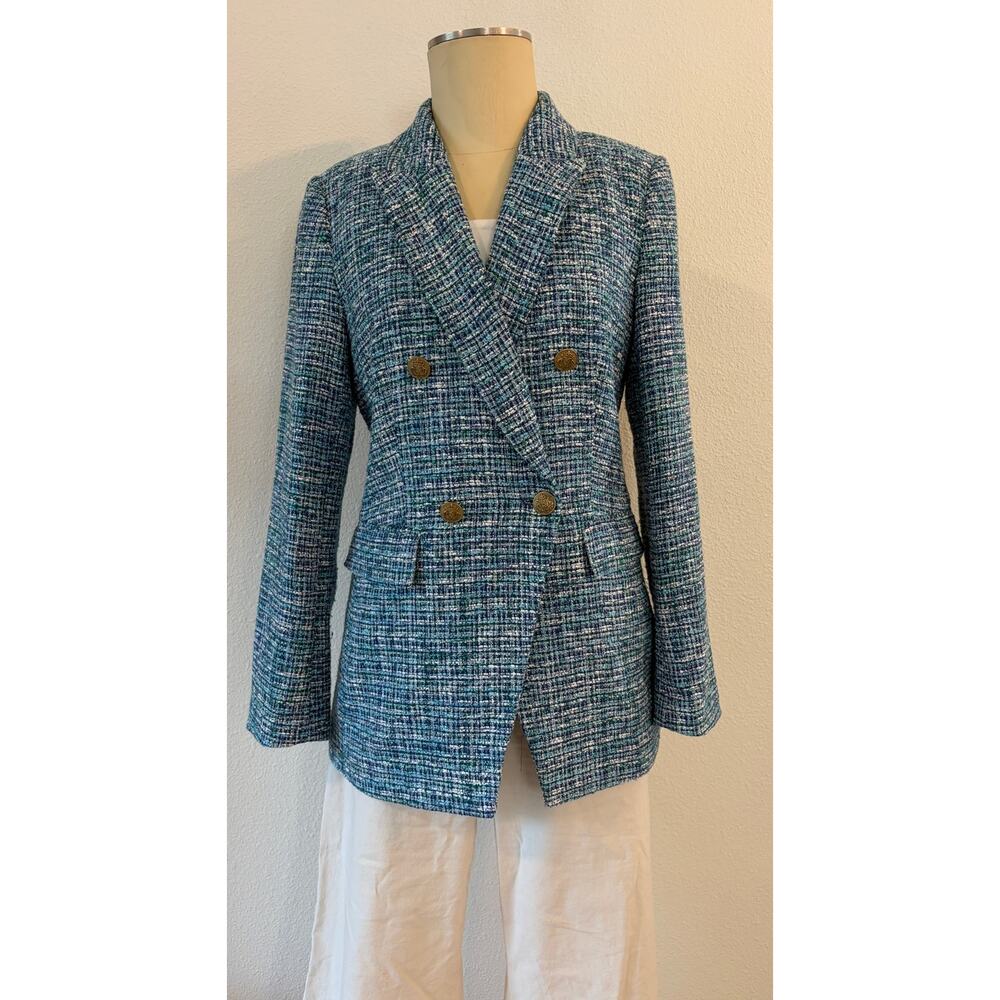 LOFT Tweed Blazer Size 8 Blue Green Double Breasted Gold Button Jacket